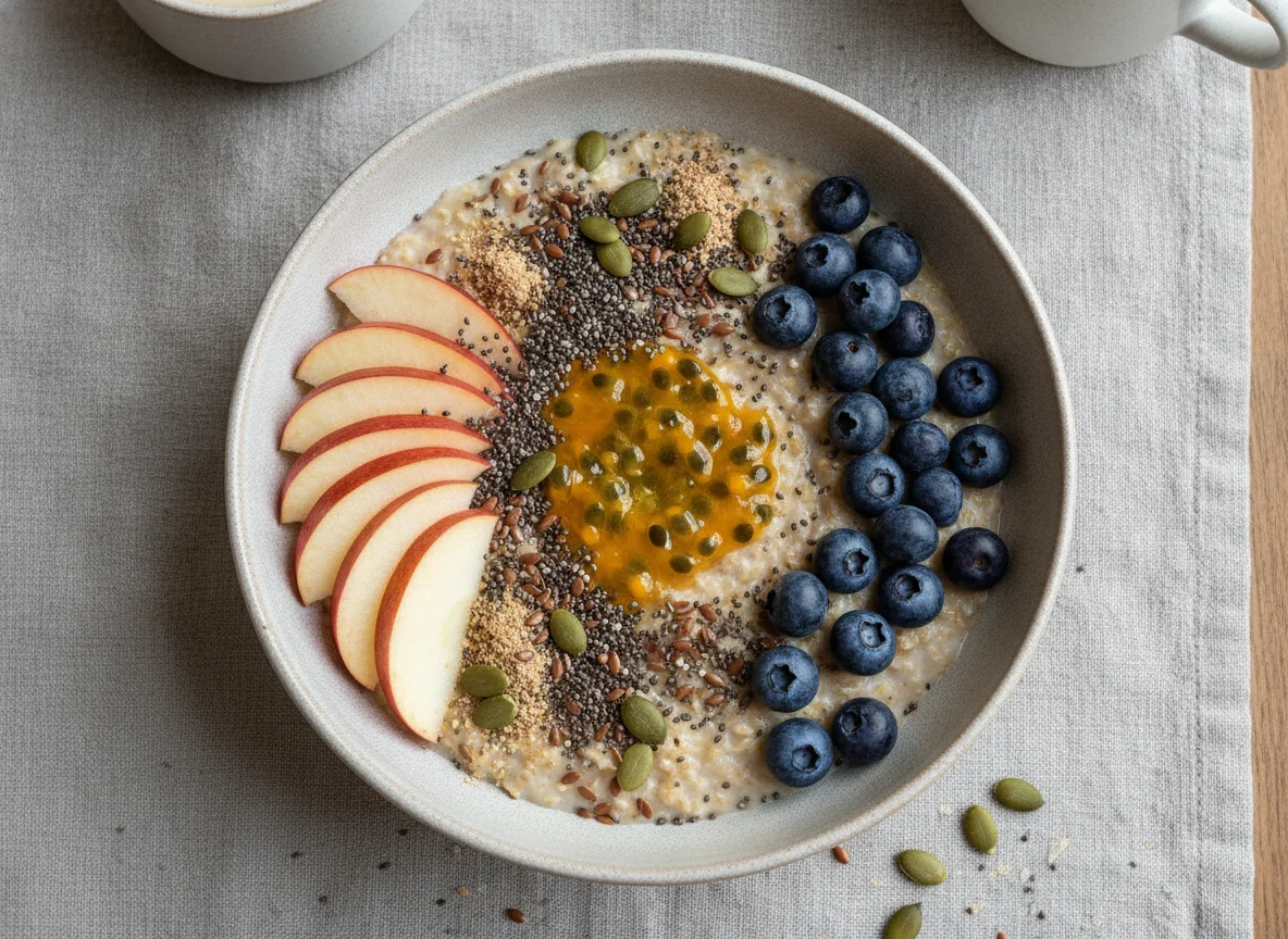 Oatmeal bowl with fruit and seeds photo