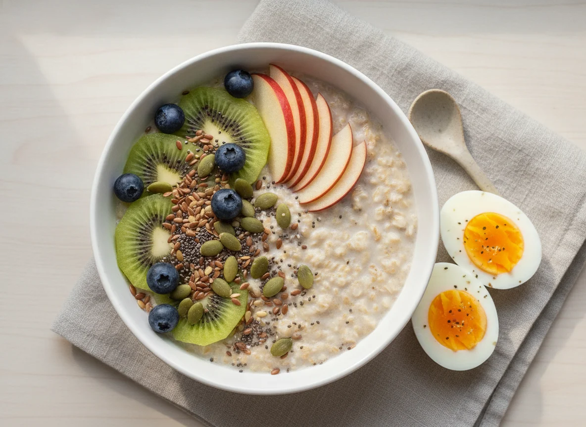 Oatmeal bowl with fruit, seeds, and boiled eggs photo
