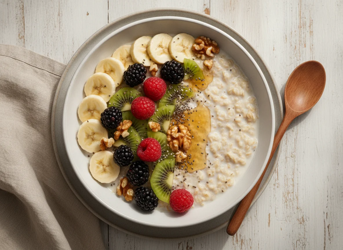 Oatmeal bowl with fruits and nuts photo