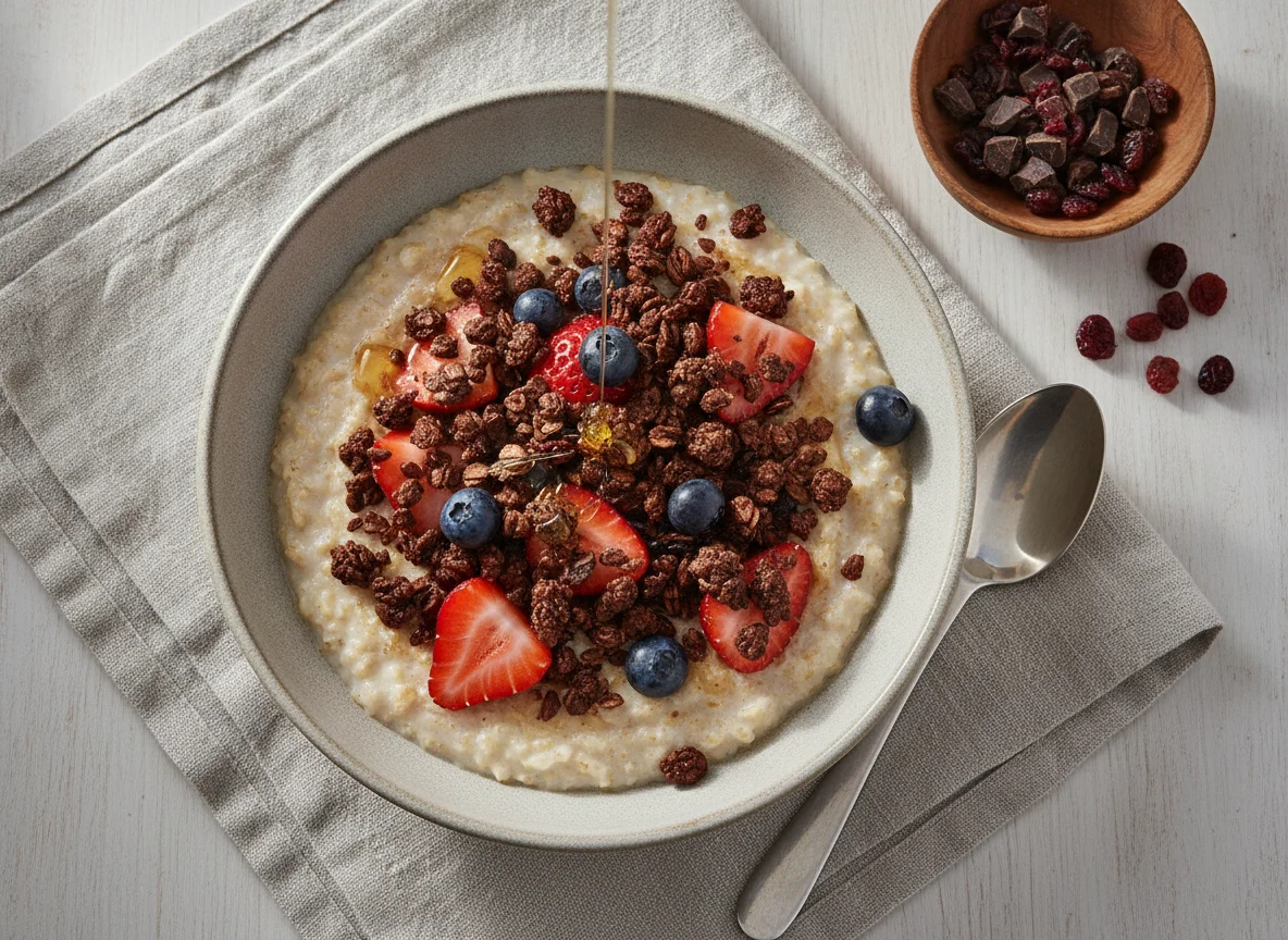 Oatmeal bowl with granola and strawberries photo