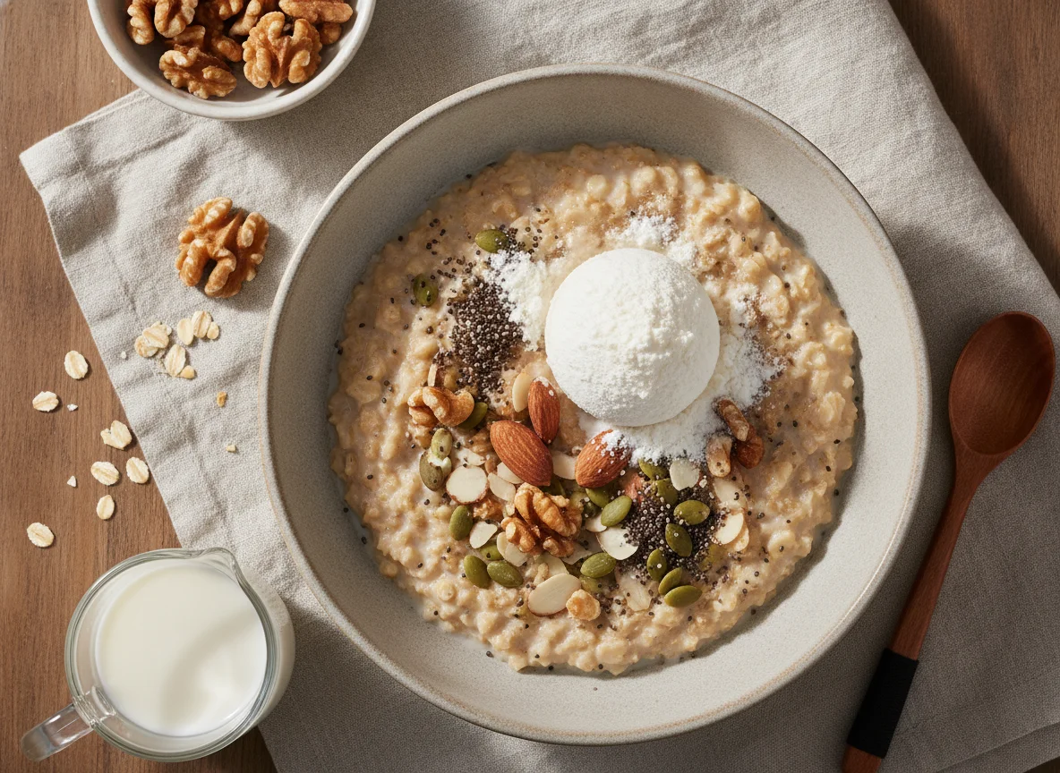Oatmeal bowl with nuts and protein powder photo