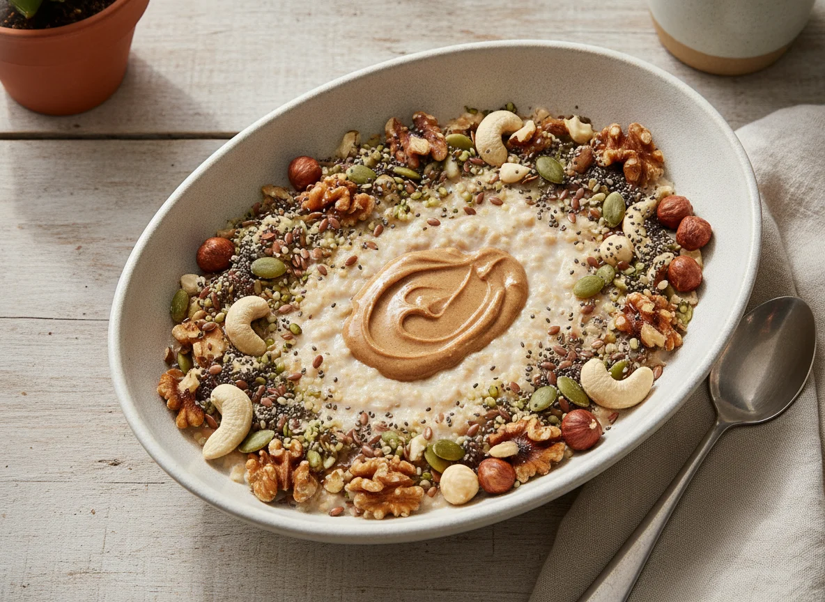 Oatmeal bowl with nuts and seeds photo