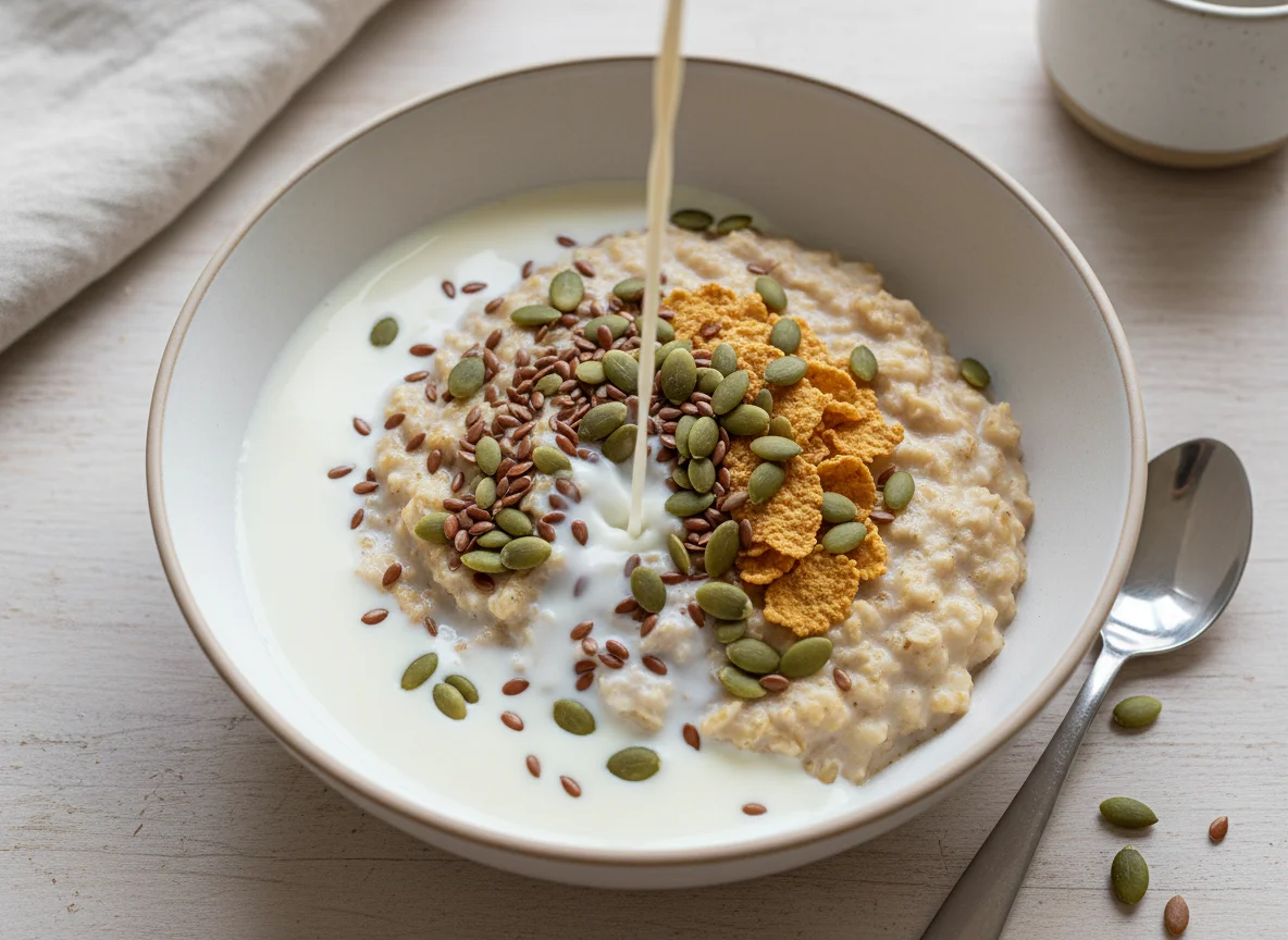 Oatmeal or Cereal with Milk and Seeds photo