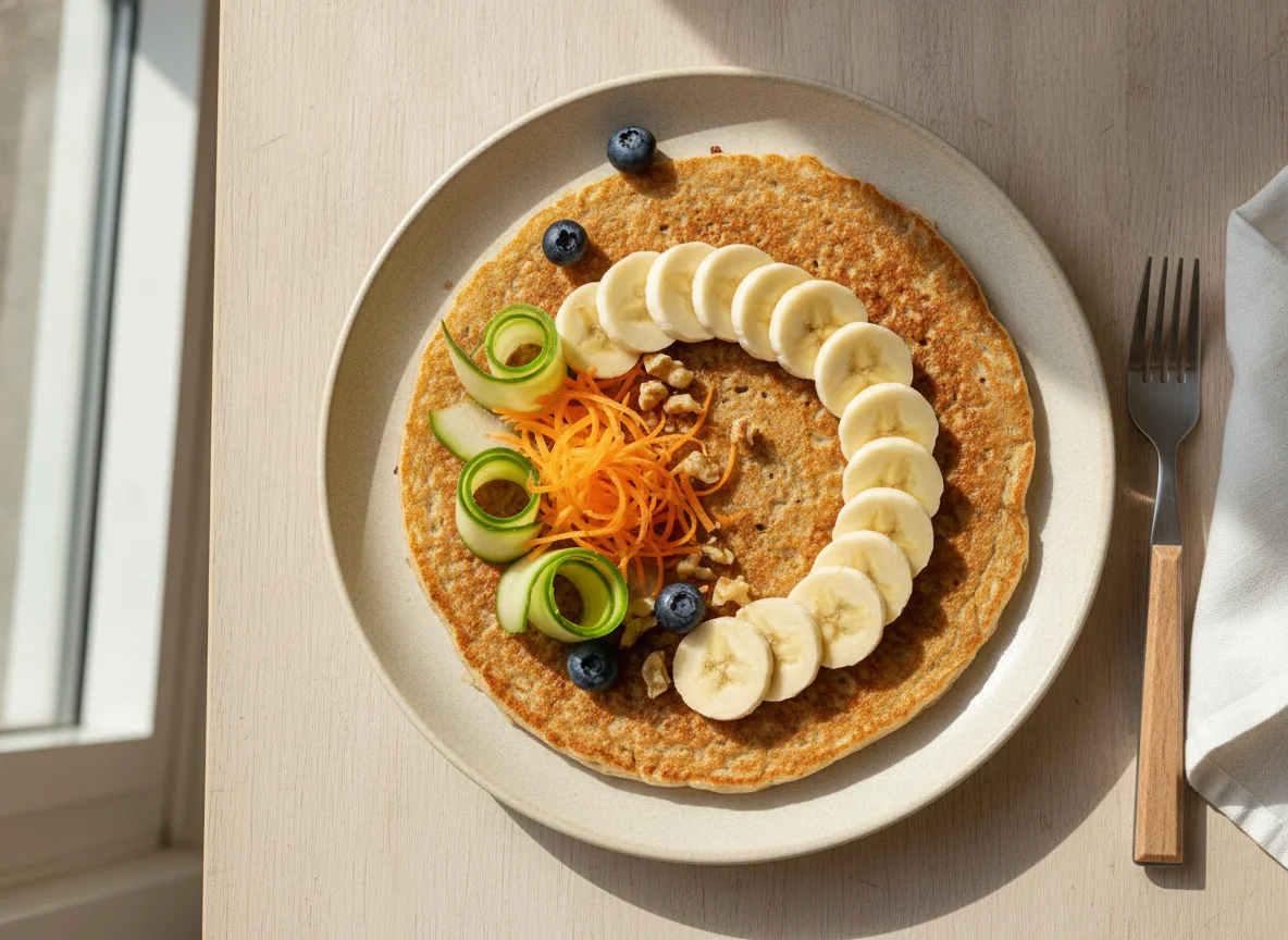 Oatmeal pancake with banana, cucumber and carrots photo