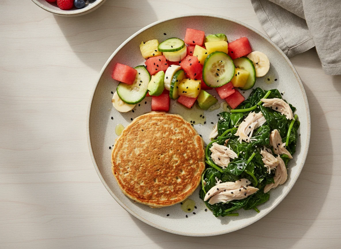 Oatmeal pancake with fruit salad and sautéed greens photo