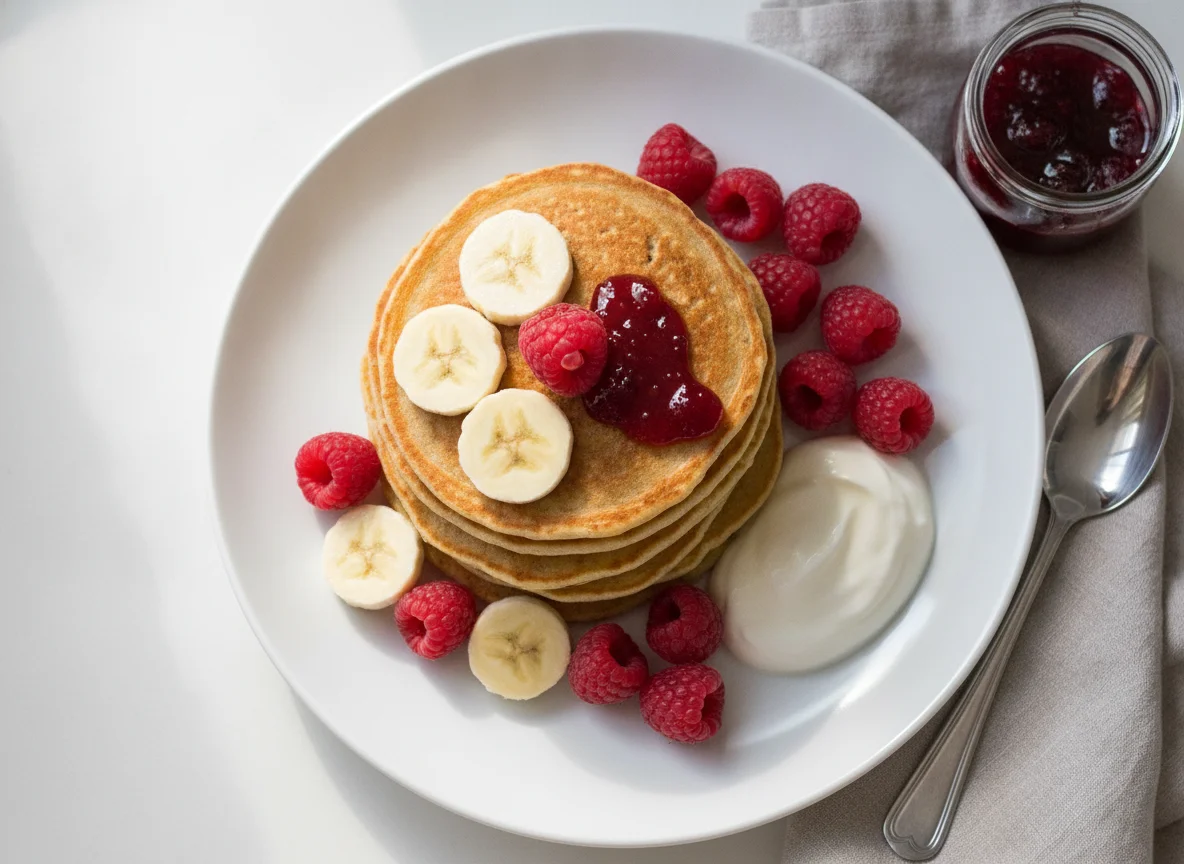 Oatmeal pancakes with banana, raspberries and yogurt photo