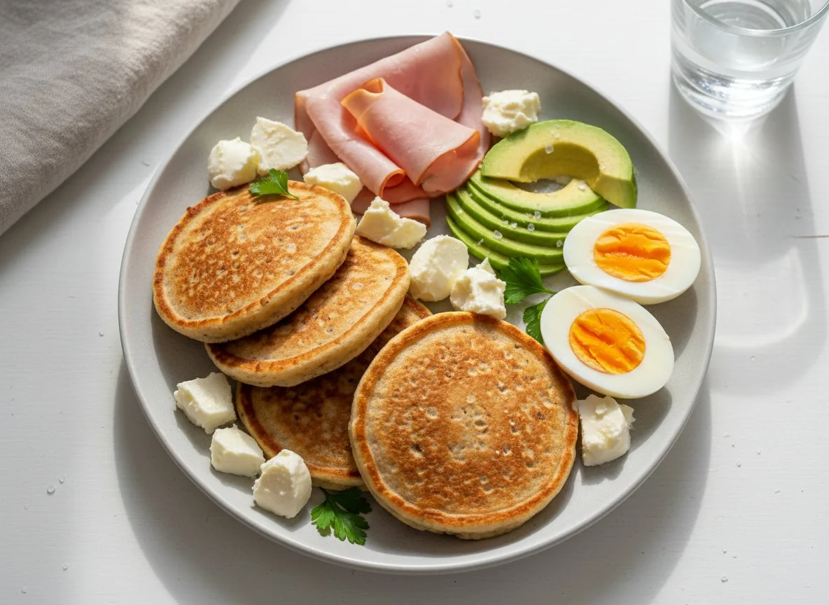 Oatmeal Pancakes with Turkey Ham, Cheeses, Avocado, and Boiled Eggs photo