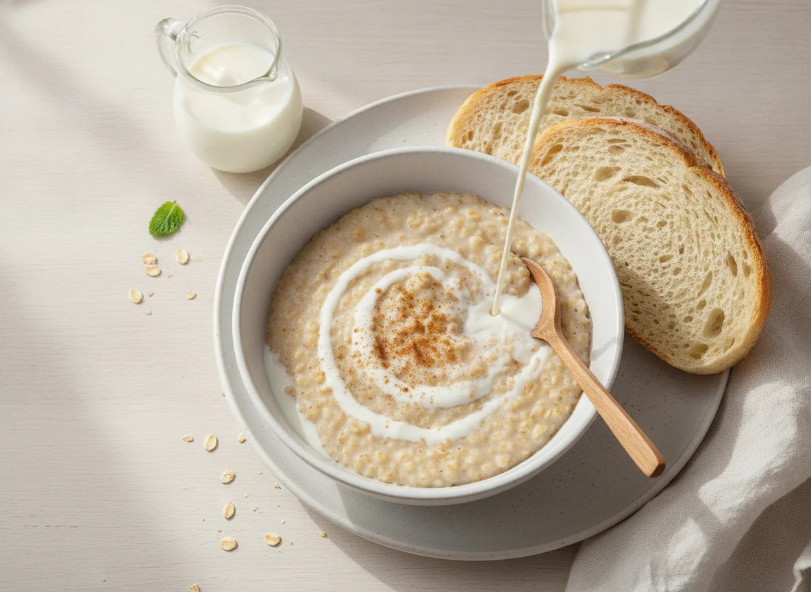 Oatmeal Porridge with Milk and Bread photo