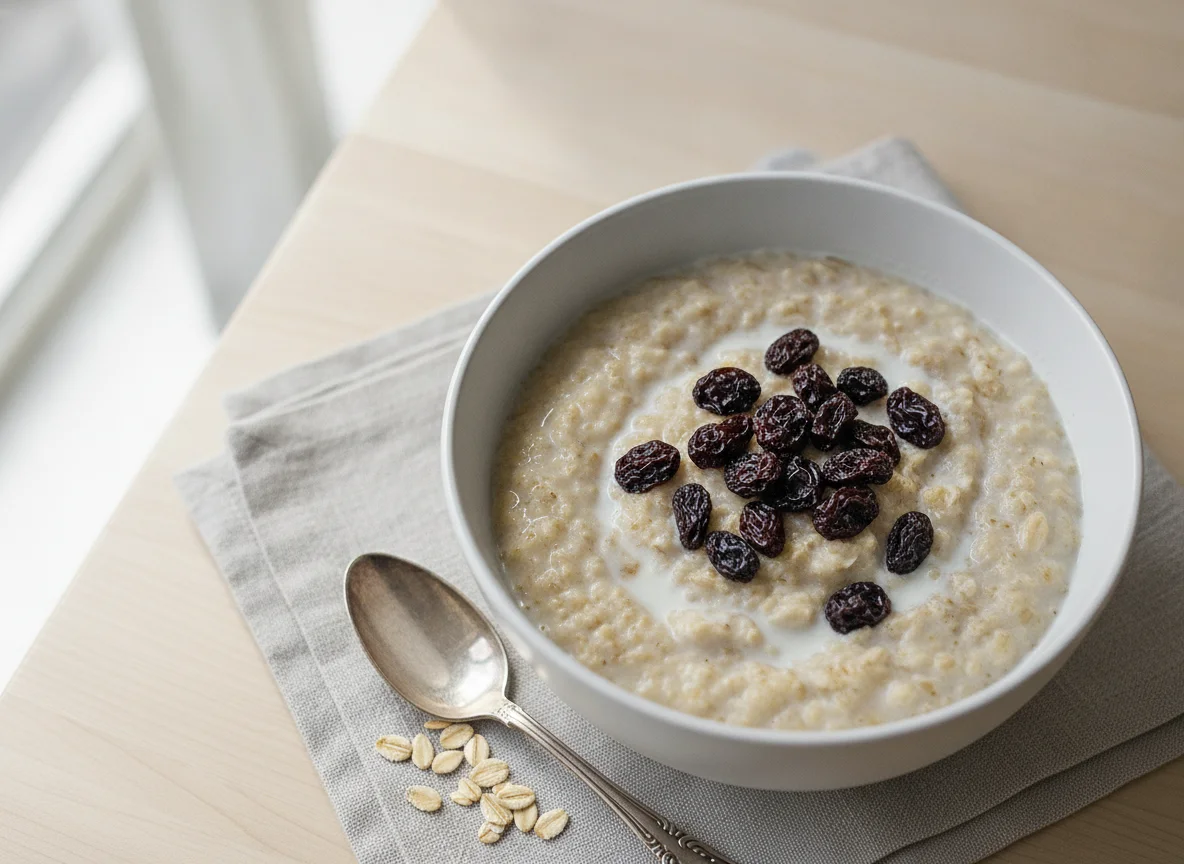 Oatmeal porridge with raisins photo