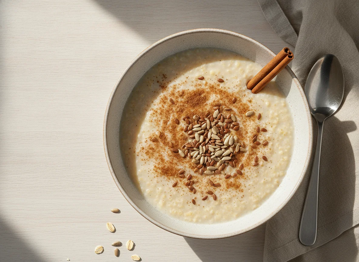 Oatmeal porridge with seeds and cinnamon photo