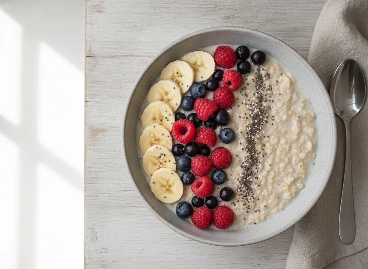 Oatmeal with banana and berries photo