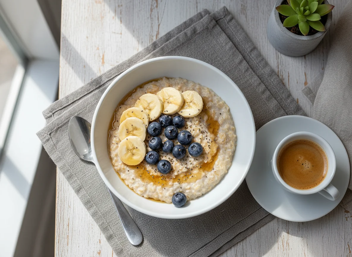 Oatmeal with Banana and Blueberries, and Coffee photo