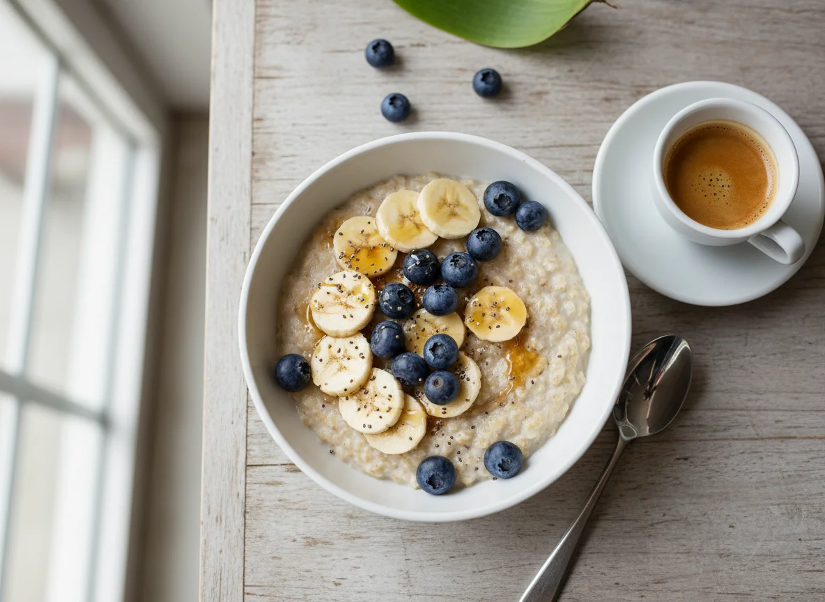 Oatmeal with Banana and Blueberries, and Espresso photo