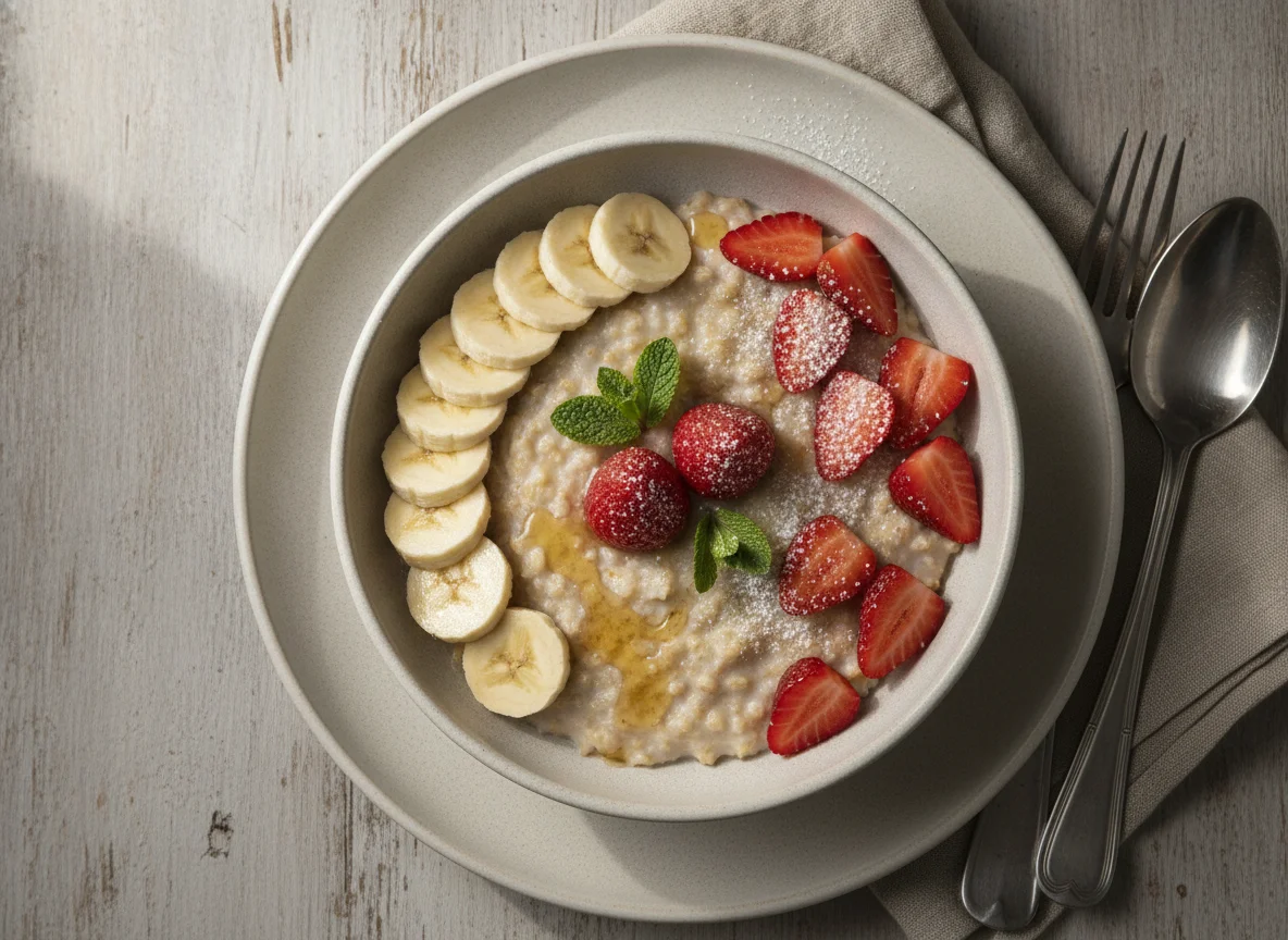 Oatmeal with Banana and Strawberries photo