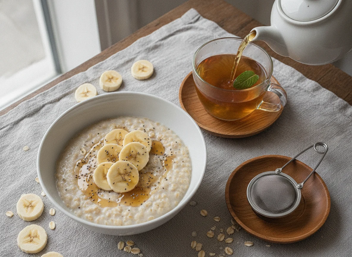 Oatmeal with banana and tea photo
