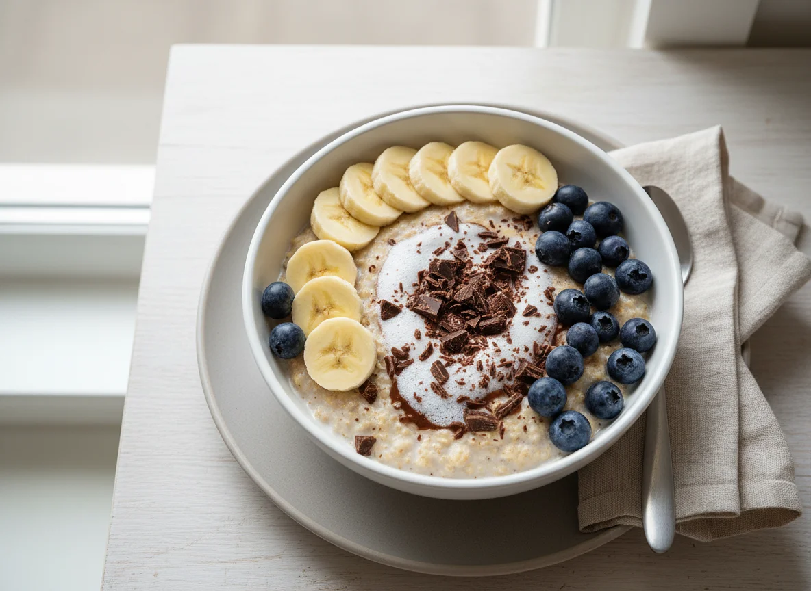Oatmeal with banana, blueberries, and chocolate photo