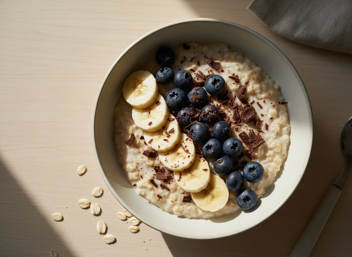 Oatmeal with Banana, Blueberries and Chocolate photo