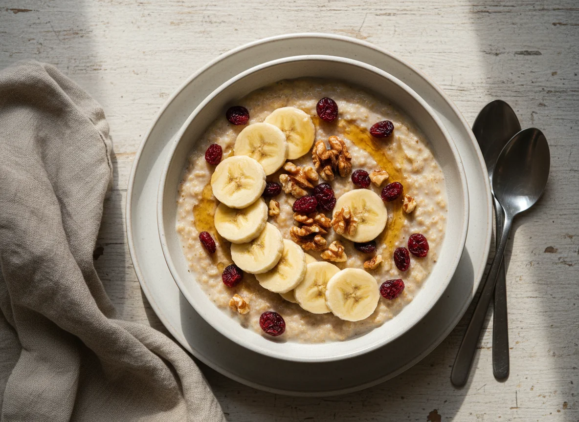 Oatmeal with Banana, Dried Cranberries, and Walnuts photo