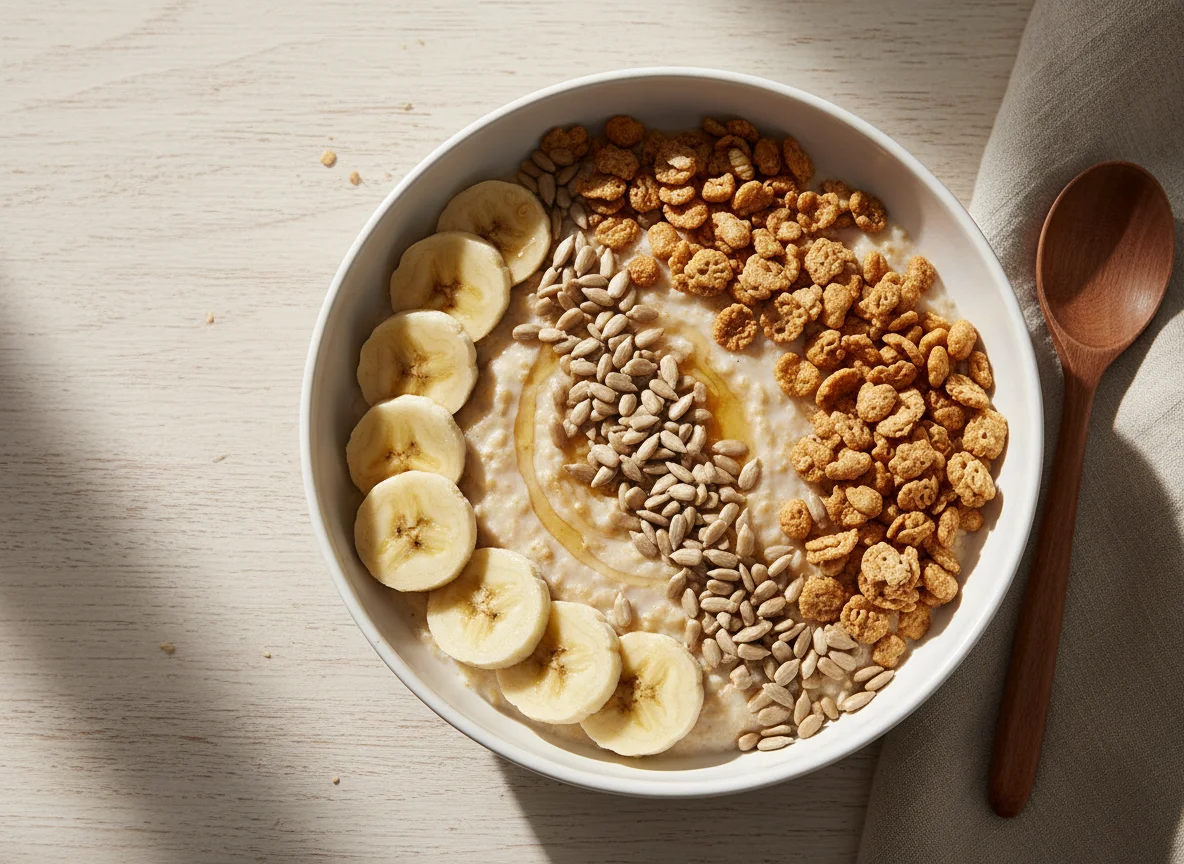 Oatmeal with Banana, Sunflower Seeds, and Cereal Pieces photo