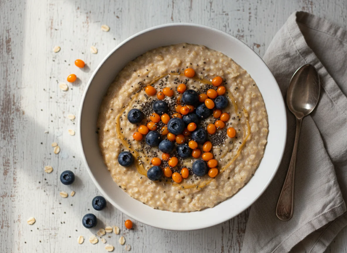 Oatmeal with berries and chia seeds photo