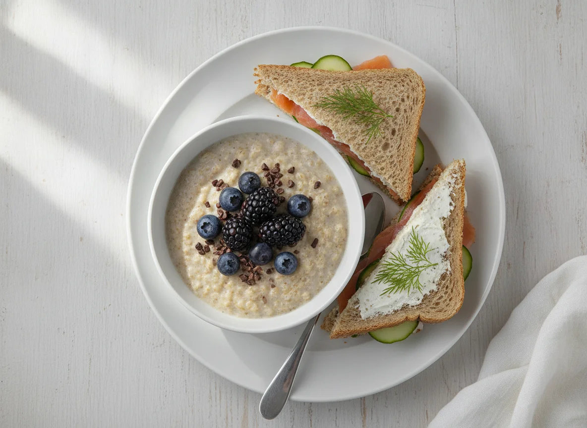 Oatmeal with berries and salmon cucumber sandwiches photo