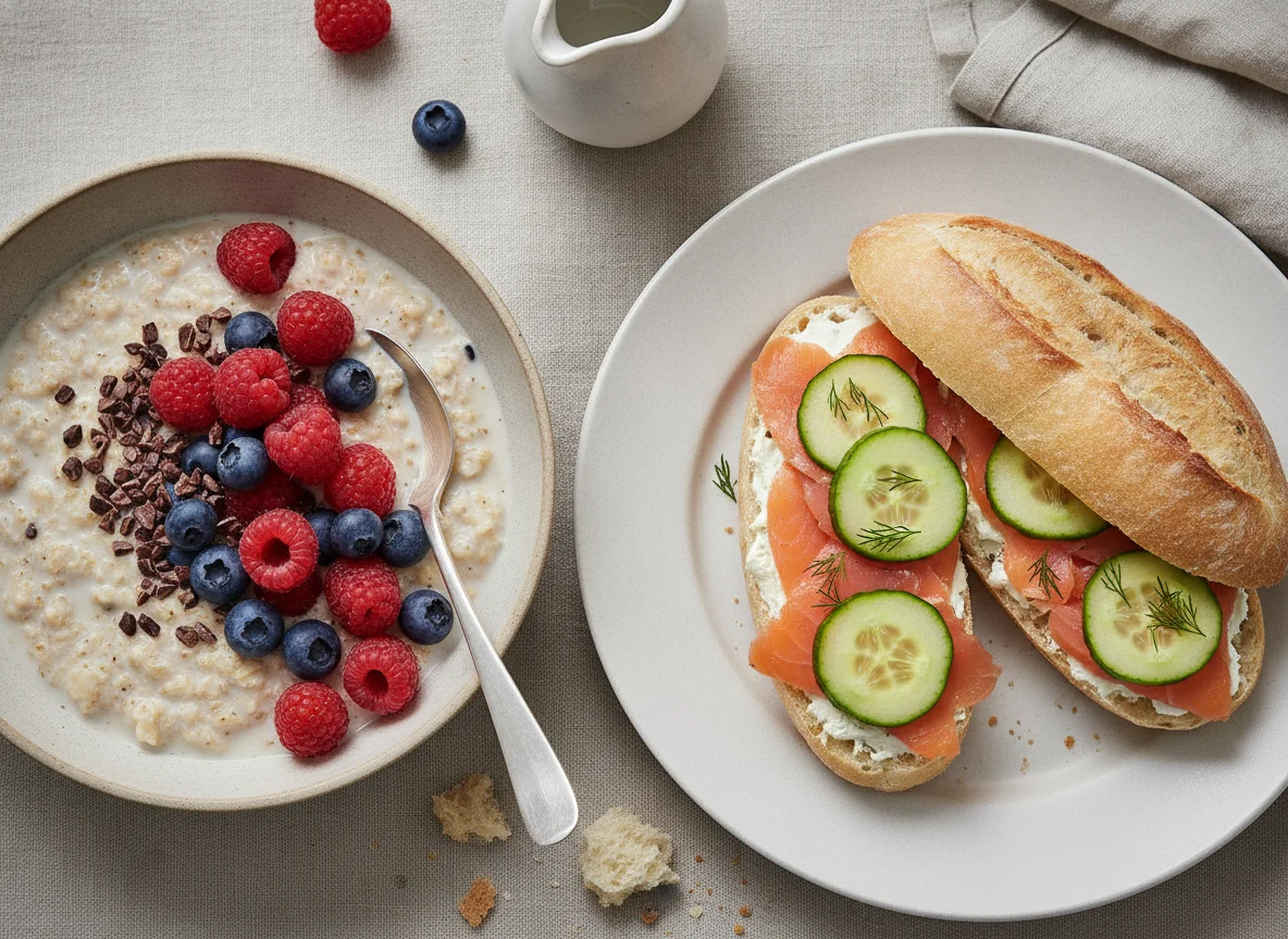 Oatmeal with berries and Smoked Salmon Sandwich photo