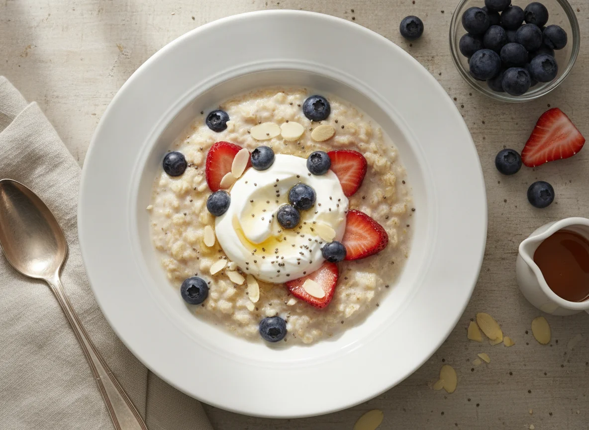 Oatmeal with berries and yogurt photo