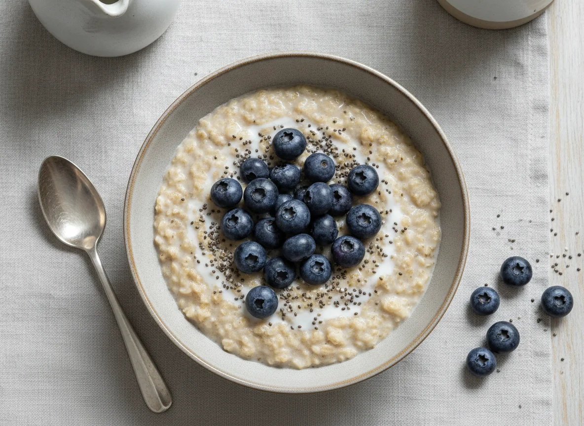 Oatmeal with blueberries and chia seeds photo