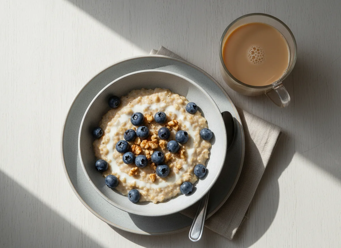 Oatmeal with Blueberries and Milk Tea photo