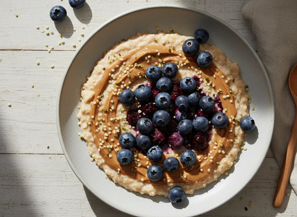 Oatmeal with Blueberries, Peanut Butter, and Hemp Seeds photo