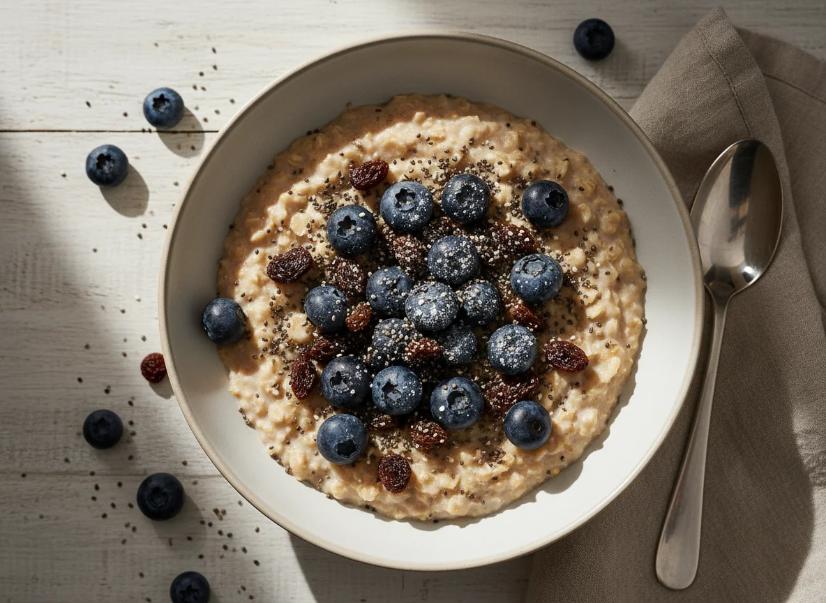 Oatmeal with Blueberries, Raisins, and Chia Seeds photo