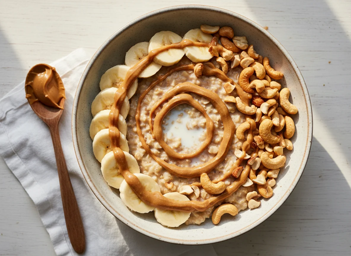 Oatmeal with Cashews, Banana, and Peanut Butter photo