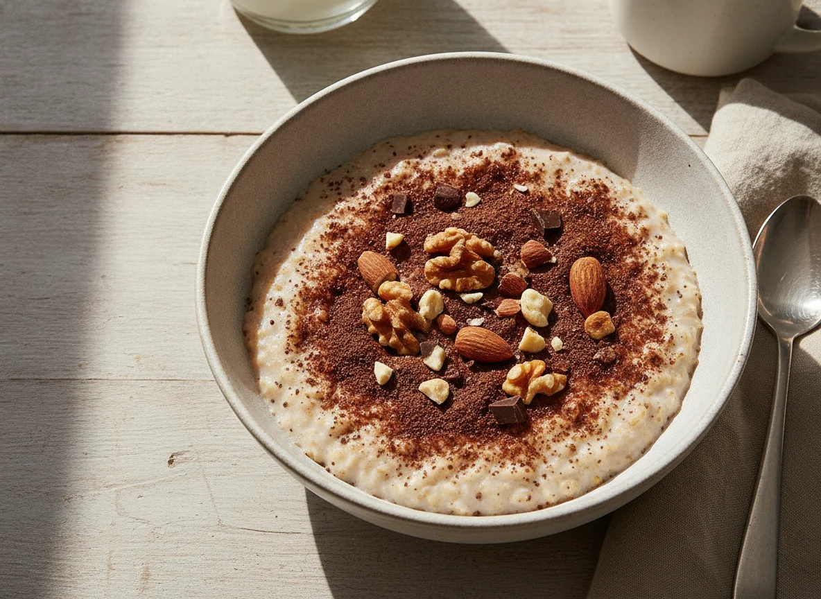 Oatmeal with Chocolate Powder and Nuts photo