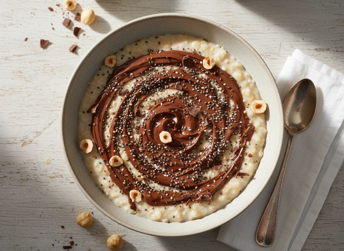 Oatmeal with chocolate spread and chia seeds photo