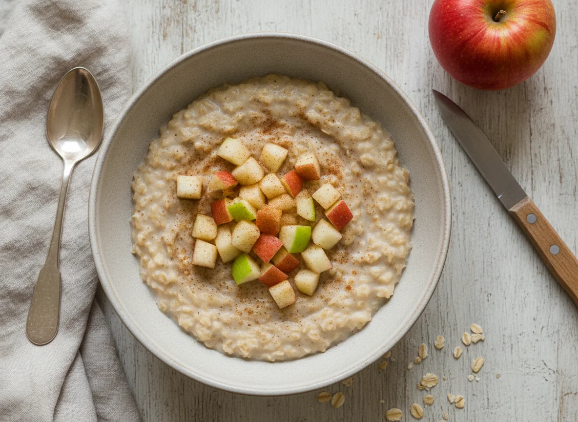 Oatmeal with chopped apples photo