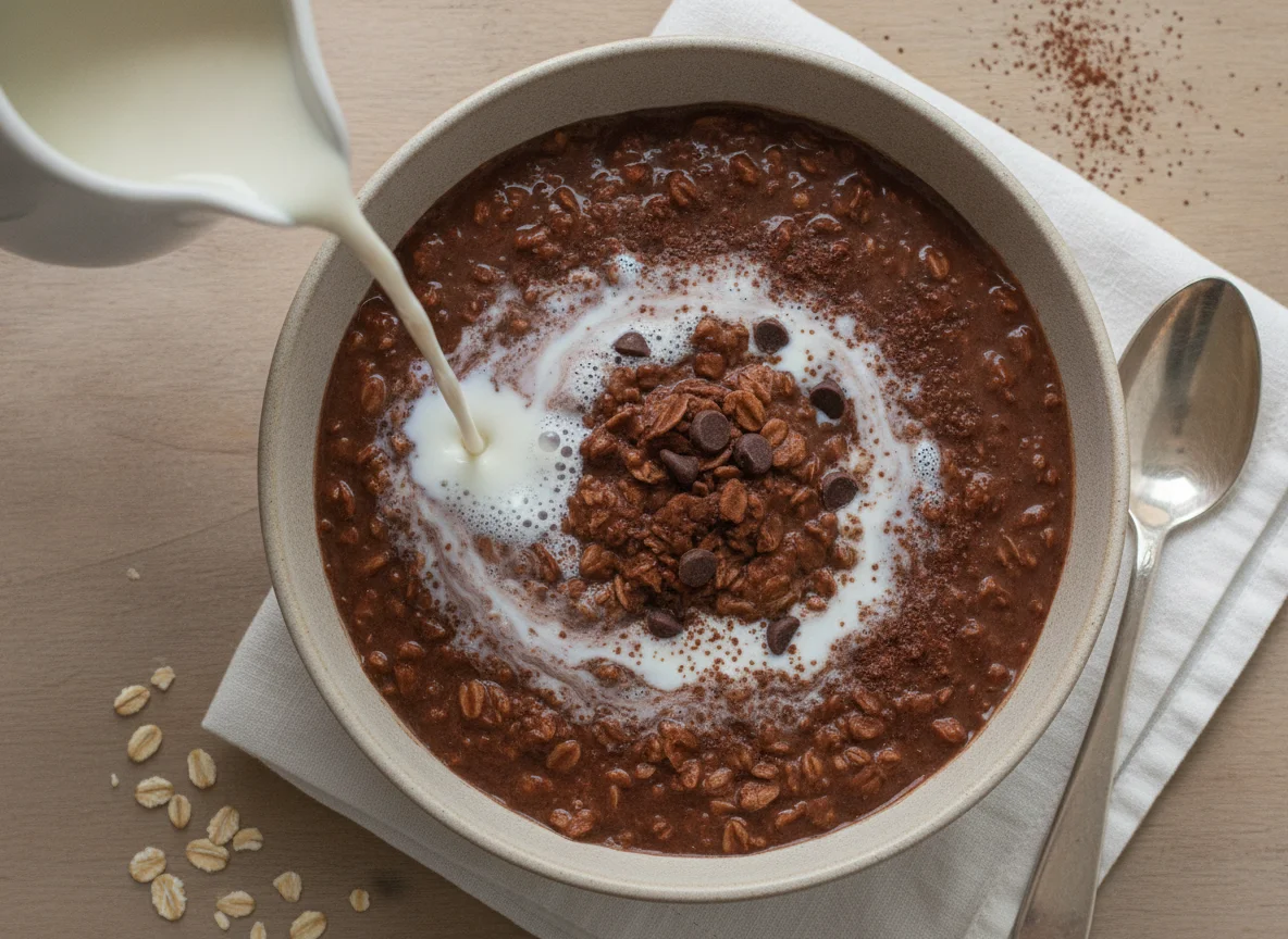 Oatmeal with cocoa and milk photo