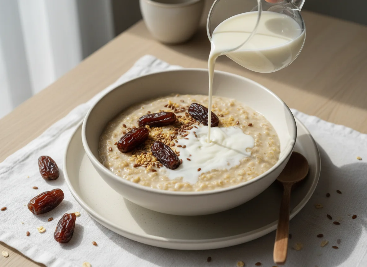 Oatmeal with Dried Fruit, Flax Seeds and Milk photo