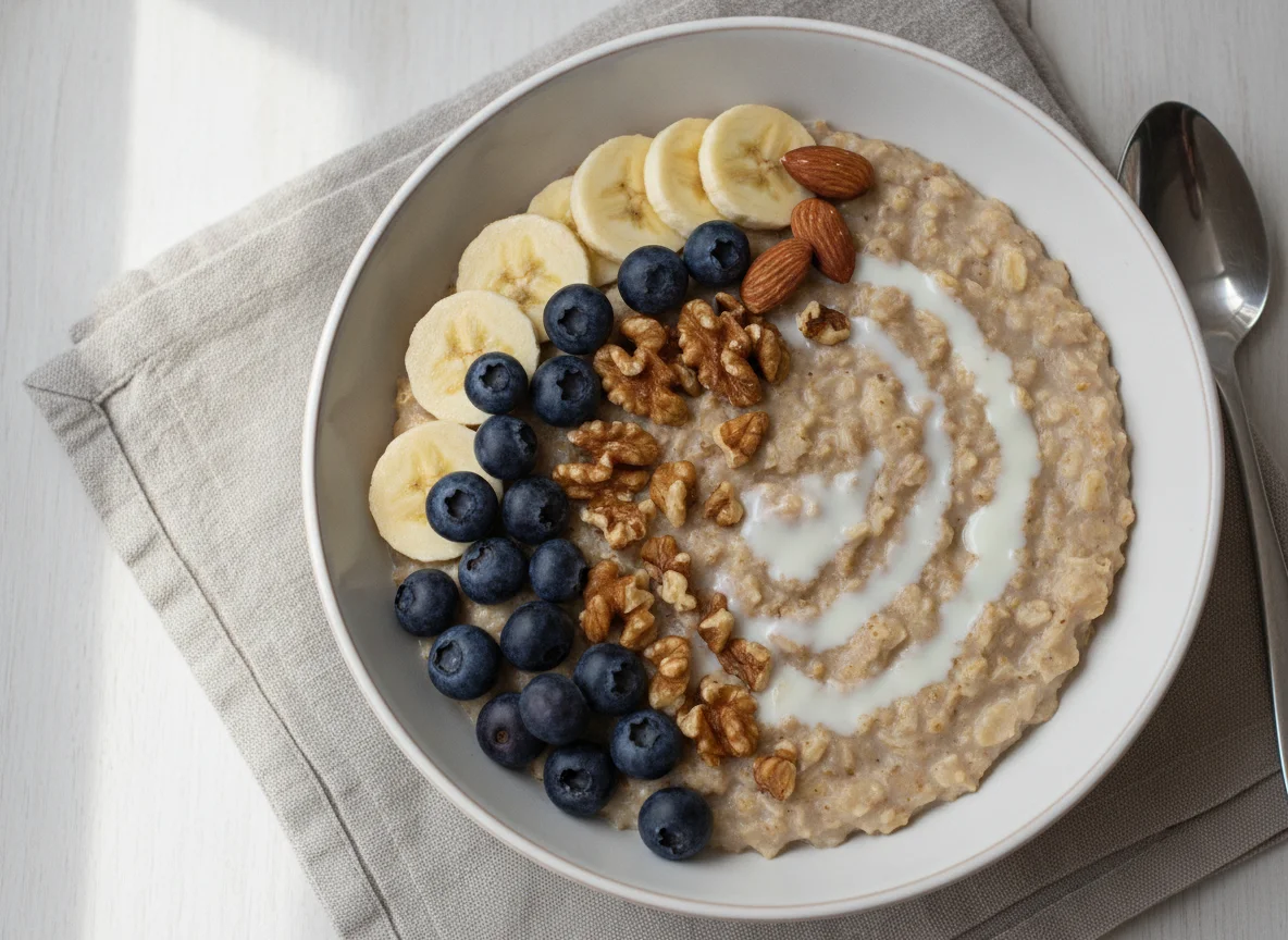 Oatmeal with Fruit and Almond Milk photo