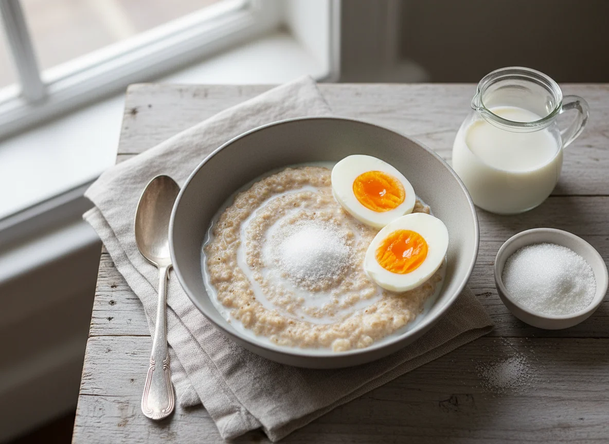 Oatmeal with Hard-Boiled Eggs, Milk, and Sugar photo
