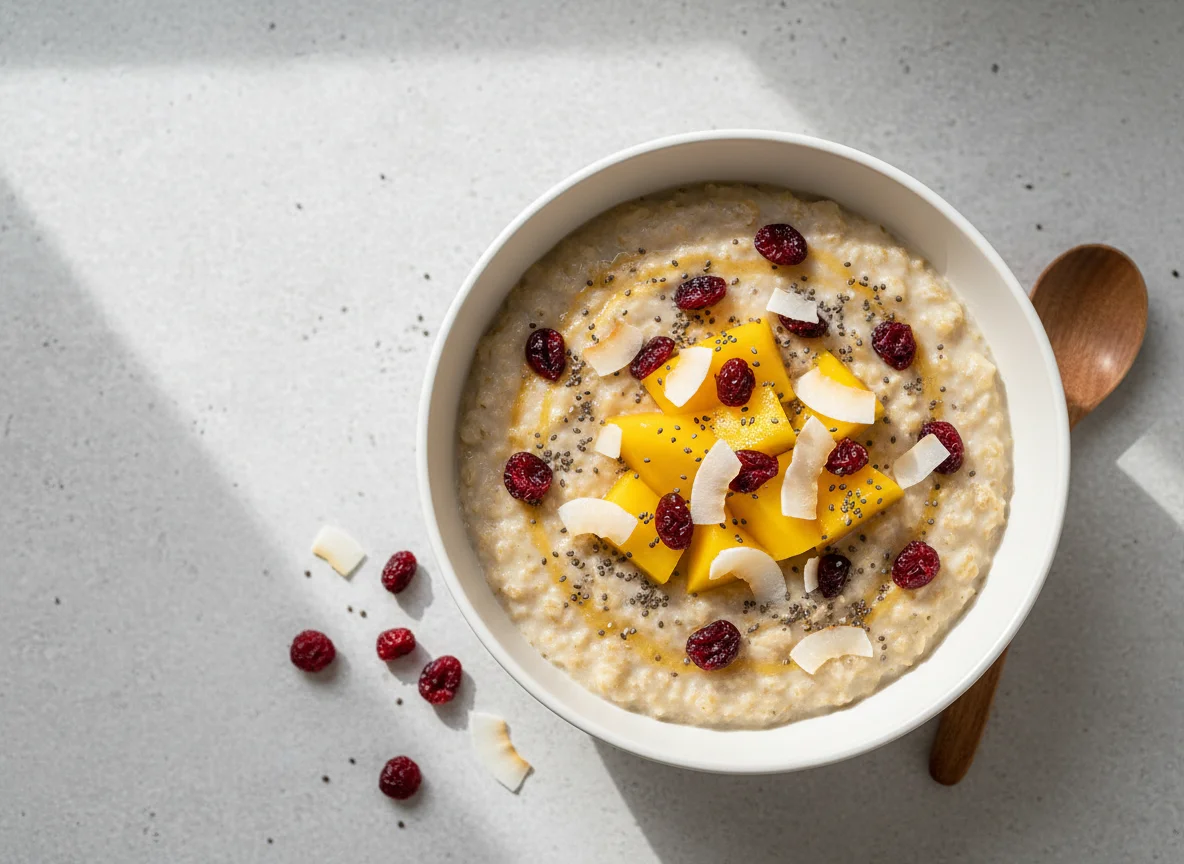 Oatmeal with Mango, Cranberries, Chia Seeds and Coconut photo