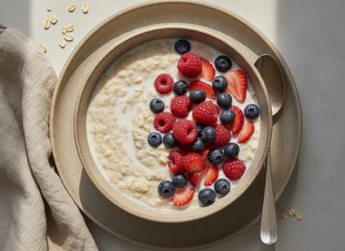 Oatmeal with milk and berries photo