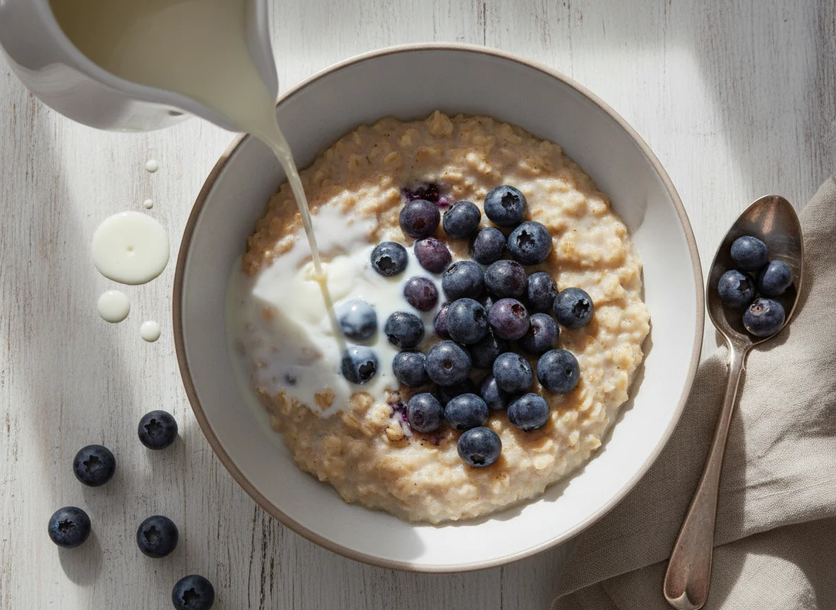 Oatmeal with milk and blueberries photo
