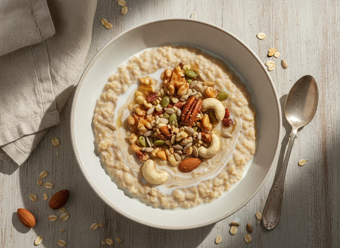 Oatmeal with milk and nuts photo