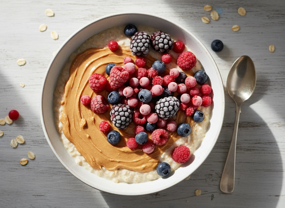 Oatmeal with Mixed Berries and Peanut Butter photo