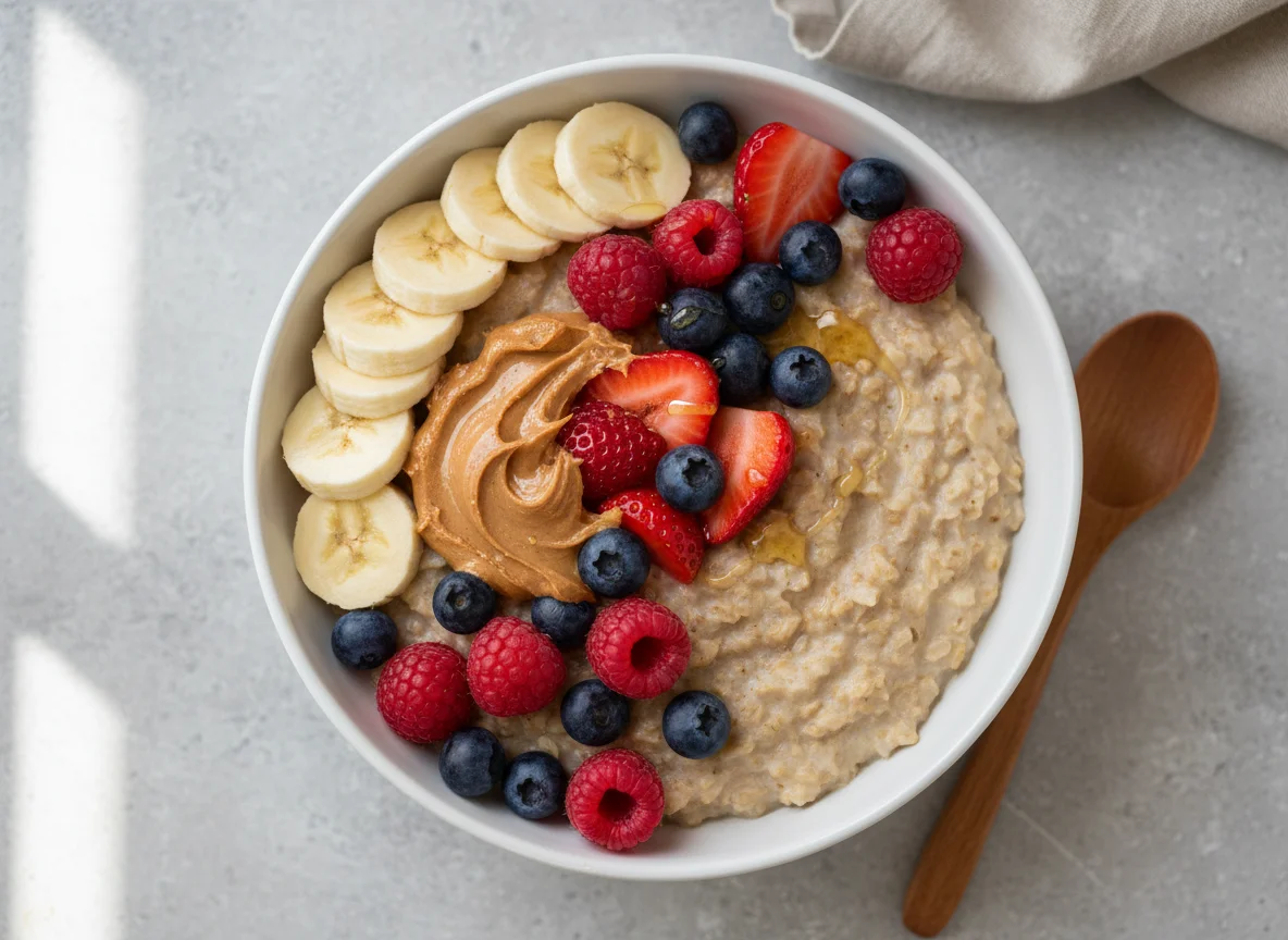 Oatmeal with Mixed Berries, Banana, and Peanut Butter photo