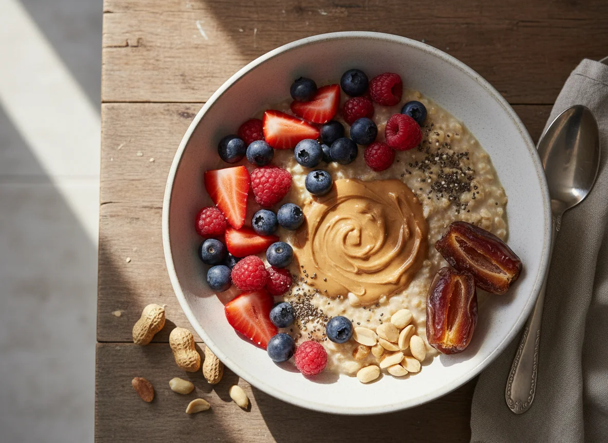 Oatmeal with Mixed Berries, Peanut Butter, and Date photo