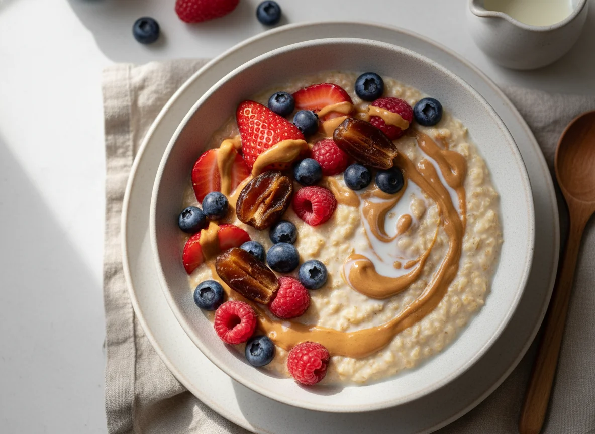 Oatmeal with Mixed Berries, Peanut Butter, and Dates photo