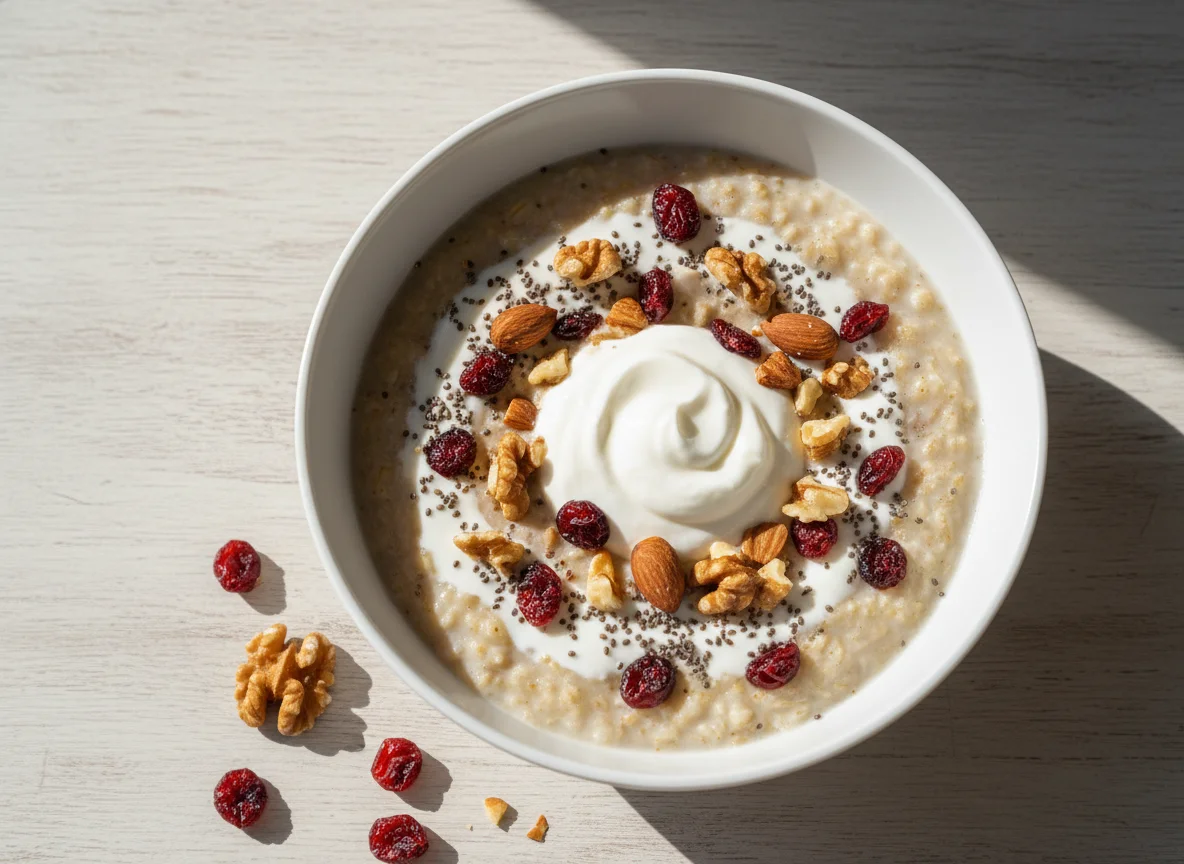 Oatmeal with Nuts, Dried Fruit, Chia Seeds and Yogurt photo