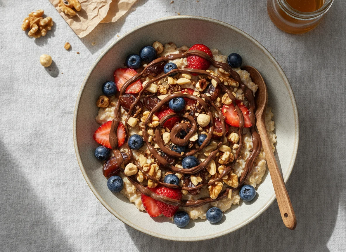 Oatmeal with nuts, fruits and chocolate spread photo