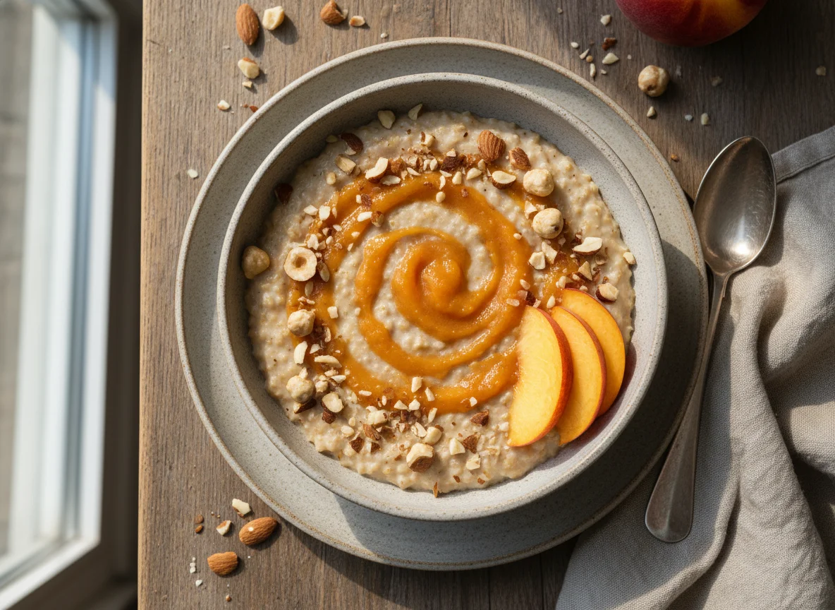 Oatmeal with Peach Puree and Nuts photo